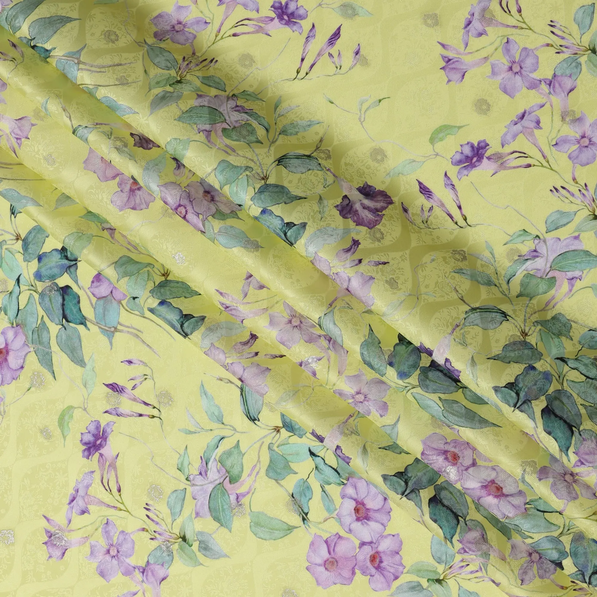 Lemon Yellow Floral Silk Satin Fabric with Metallic Accents, Width 140 cm, South Korea-D21285