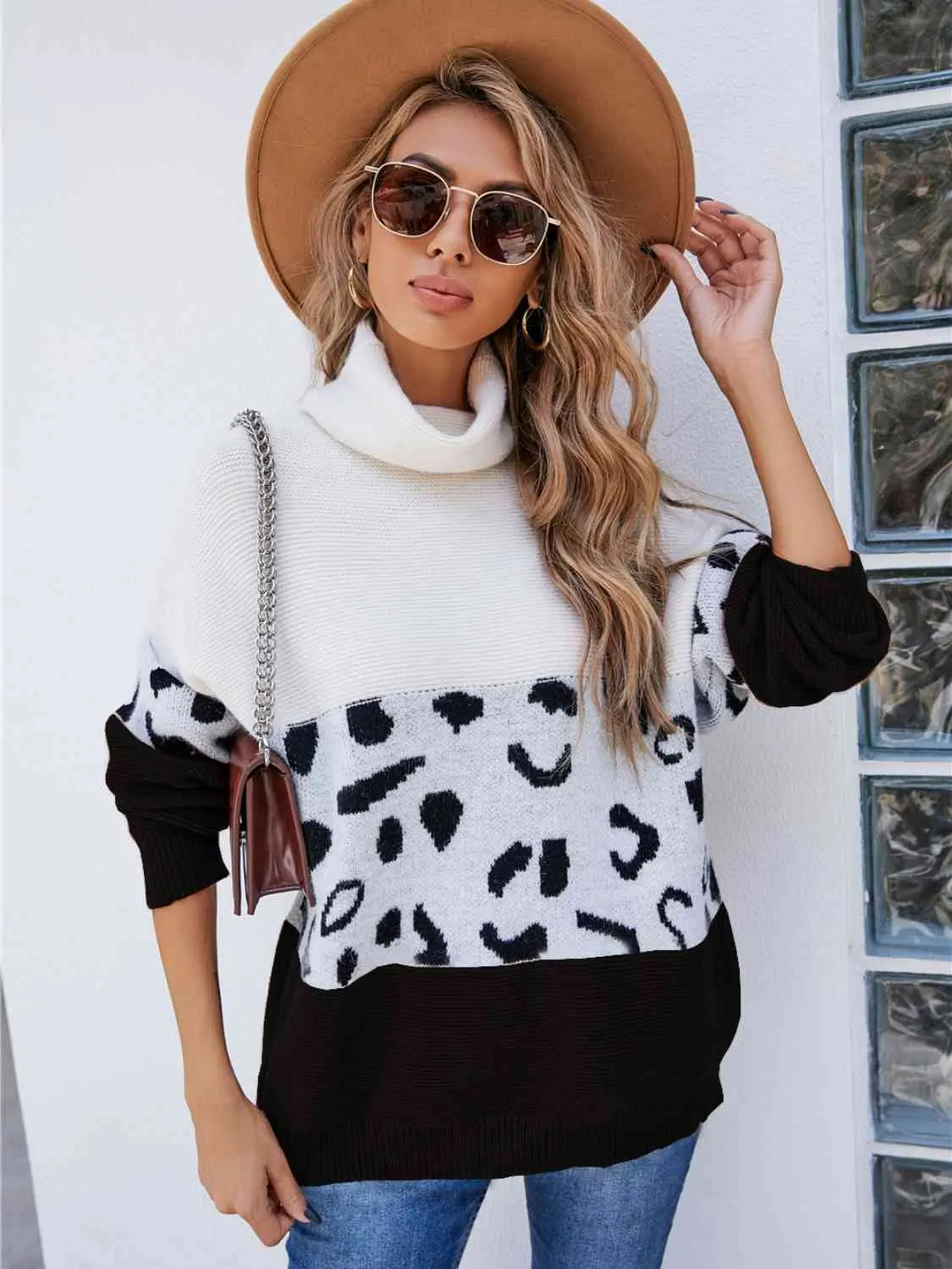 Leopard Color Block Turtleneck Sweater