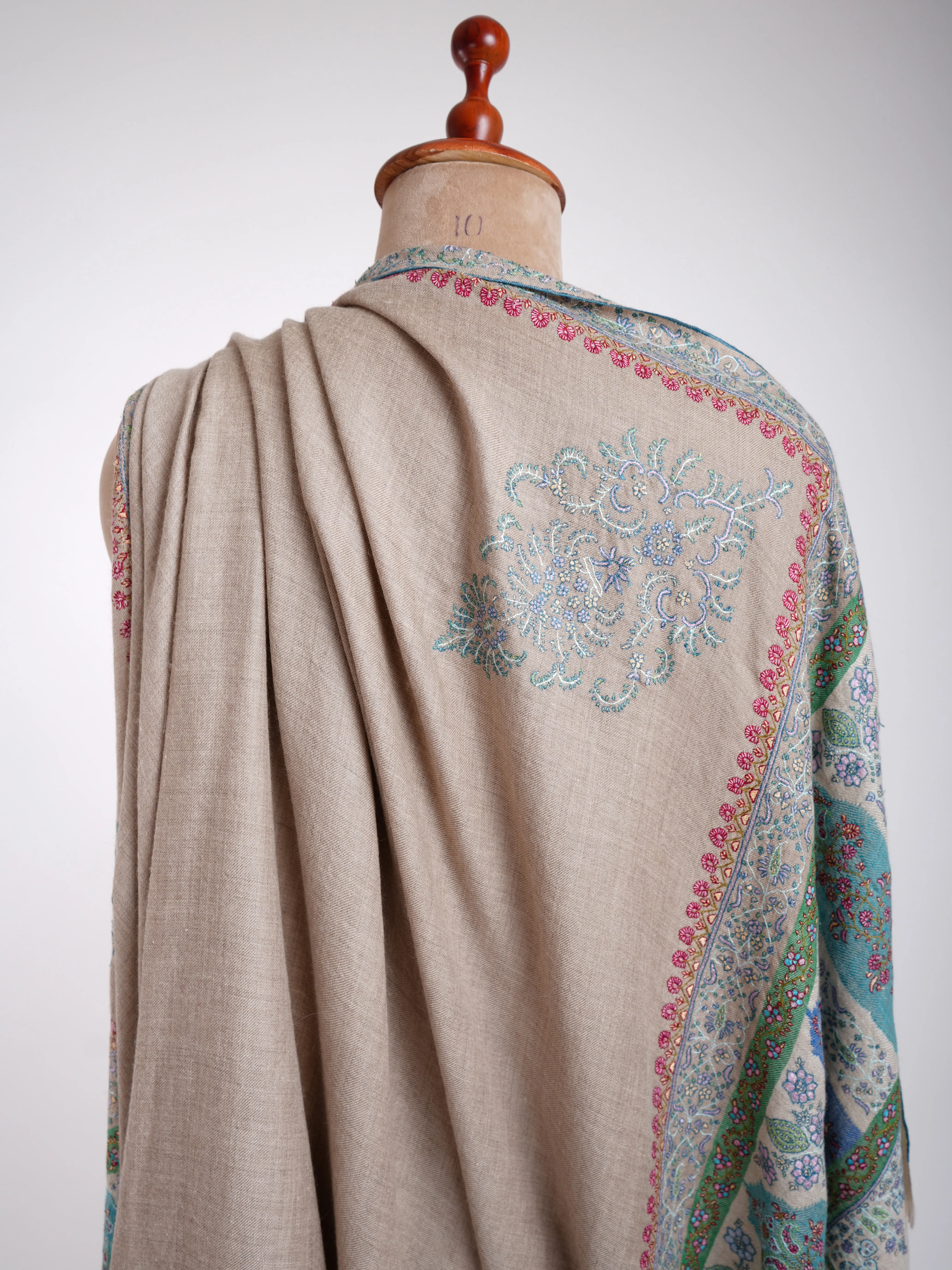 Light Beige Embroidered Kani Weave Certified Cashmere Shawl