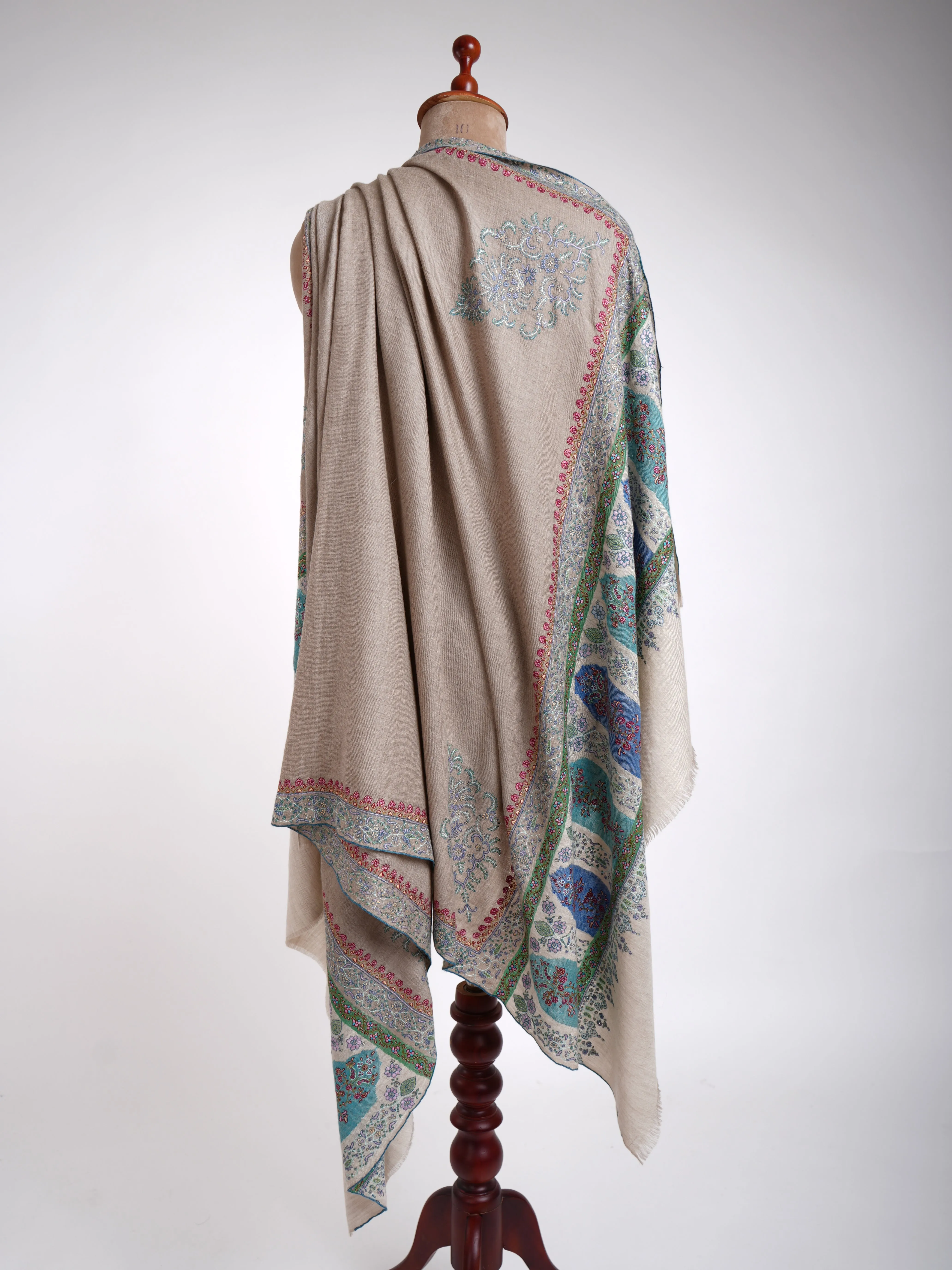 Light Beige Embroidered Kani Weave Certified Cashmere Shawl