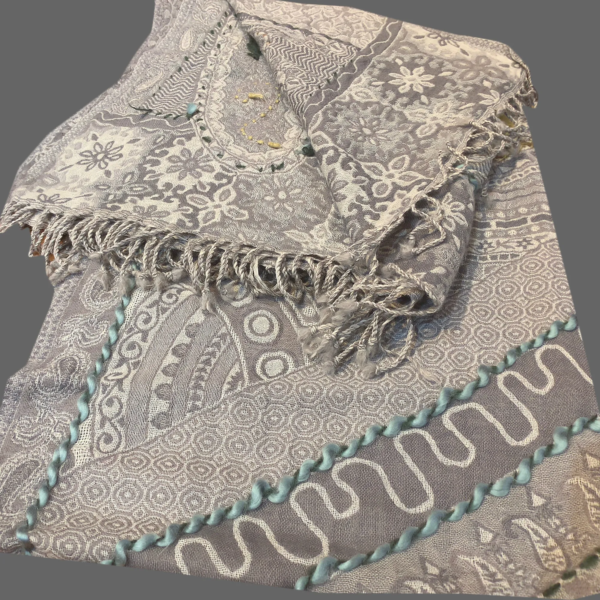 Light grey Embroidered wrap Scarf, Wedding Shawl