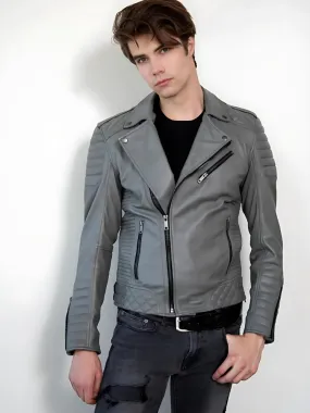 Mens Smooth Gray Motorcycle leather Jacket