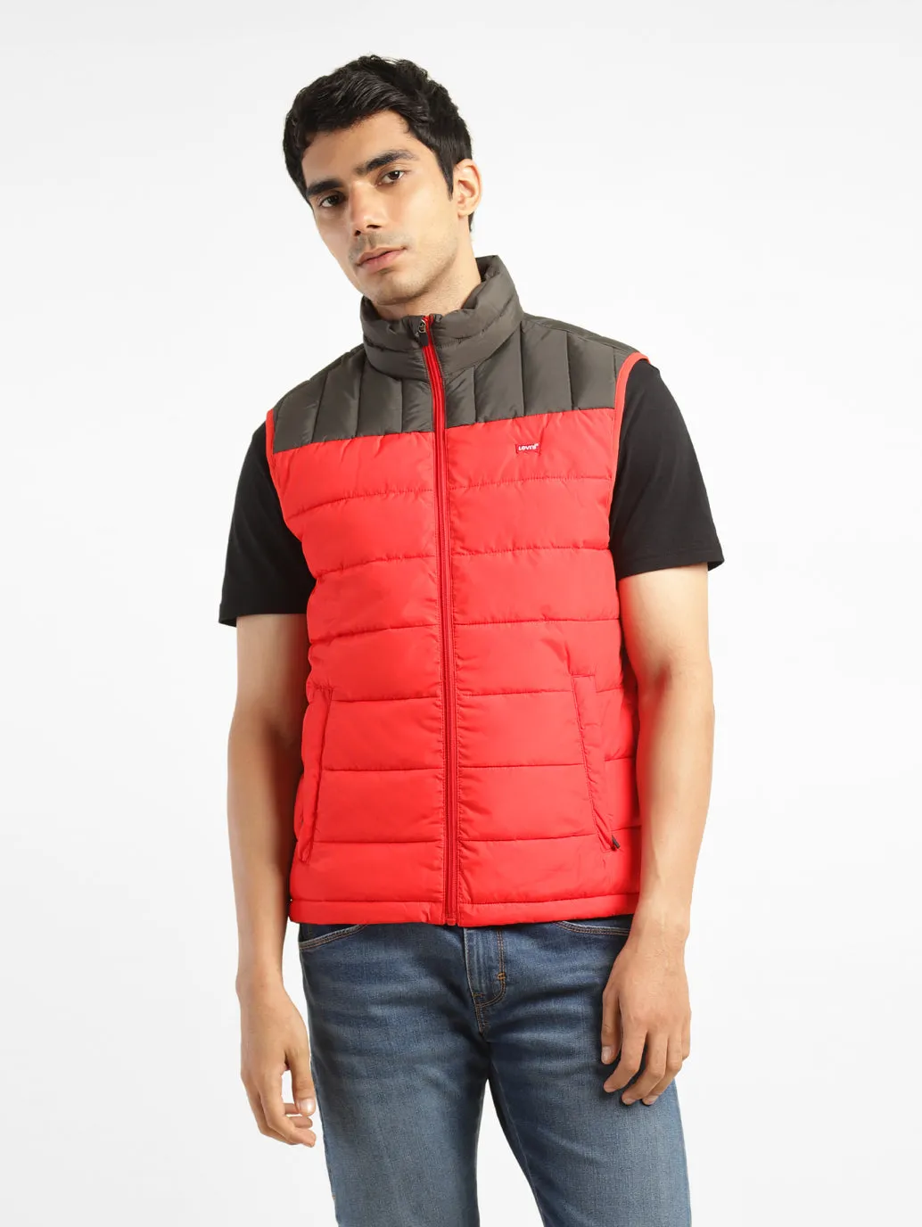 Men's Solid Red Mandarin Collar Quilted Jacket