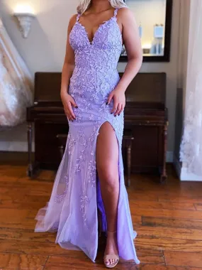 Mermaid V Neck Purple Lace Long Prom, Purple Lace Formal, Mermaid Purple Evening