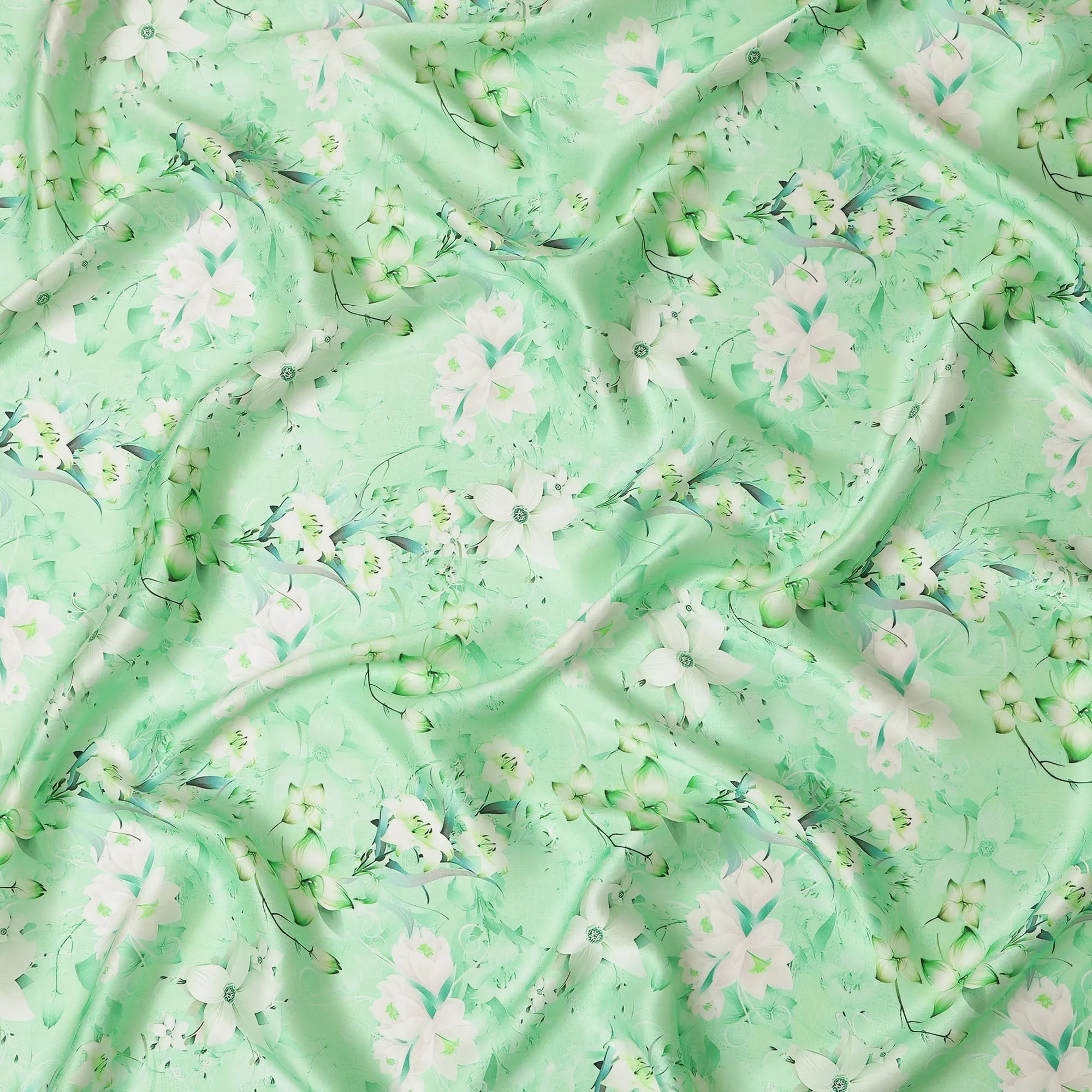 Mint Green Floral Pure Silk Satin Fabric - 140 cm Width, Made in Italy-D20735