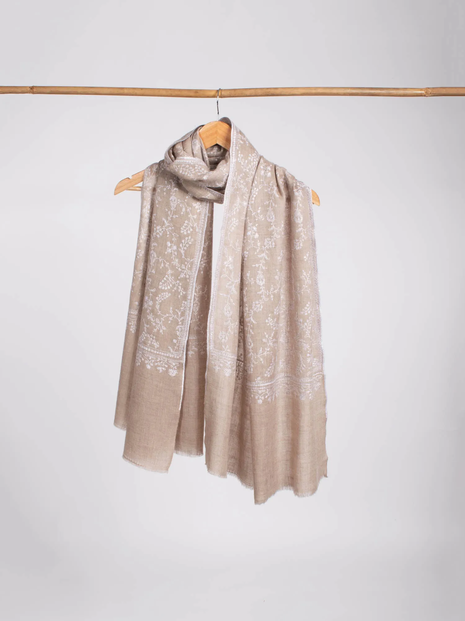 Natural Grey with White Embroidery Cashmere Stole - WORLAND