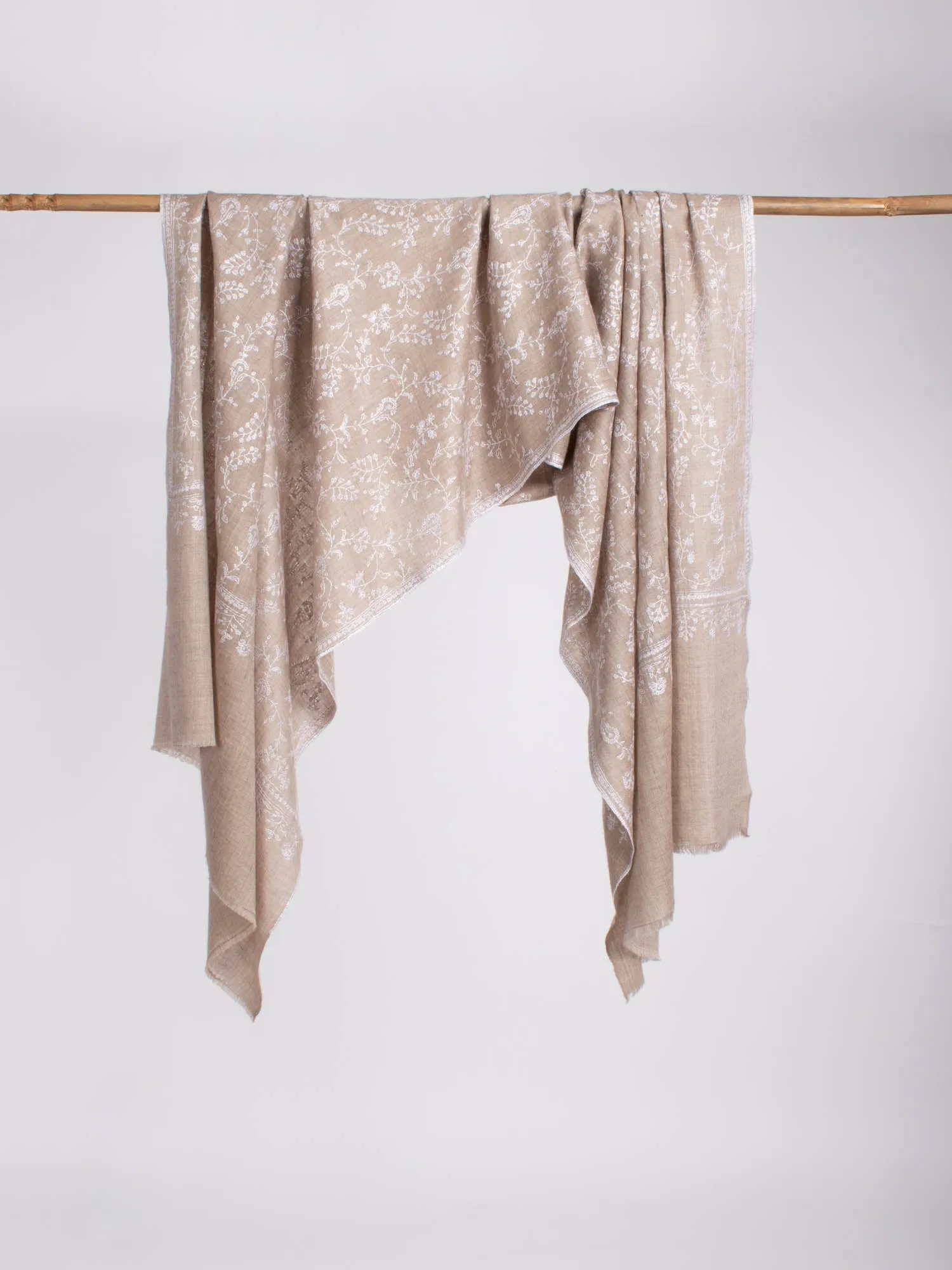 Natural Grey with White Embroidery Cashmere Stole - WORLAND