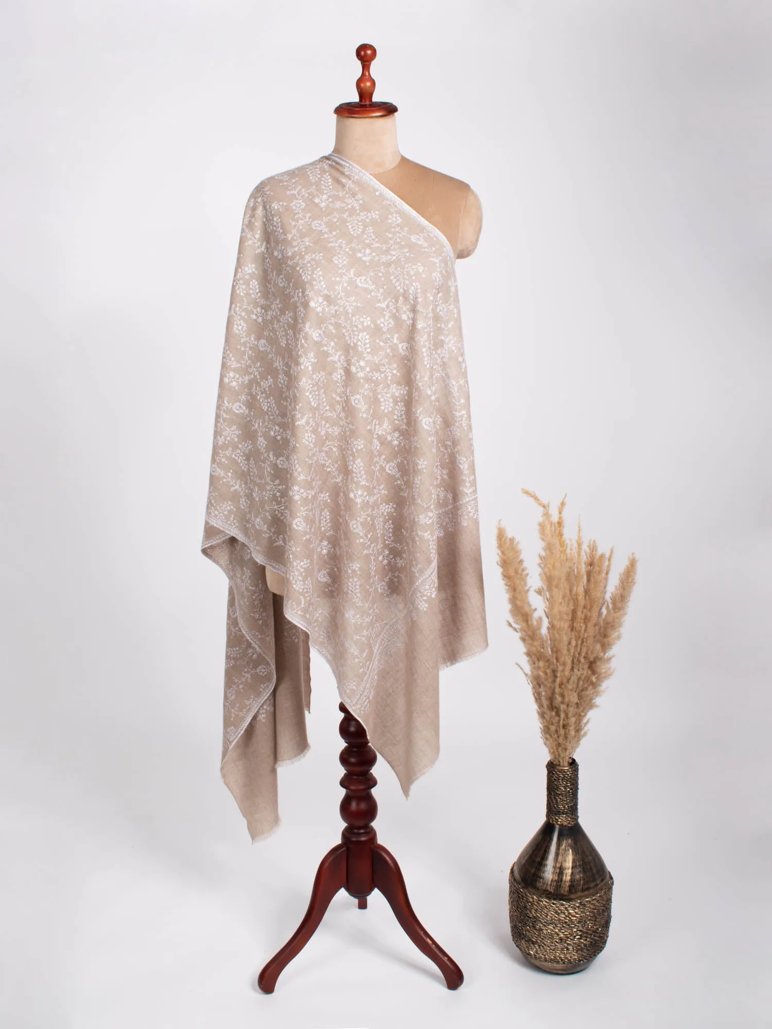 Natural Grey with White Embroidery Cashmere Stole - WORLAND