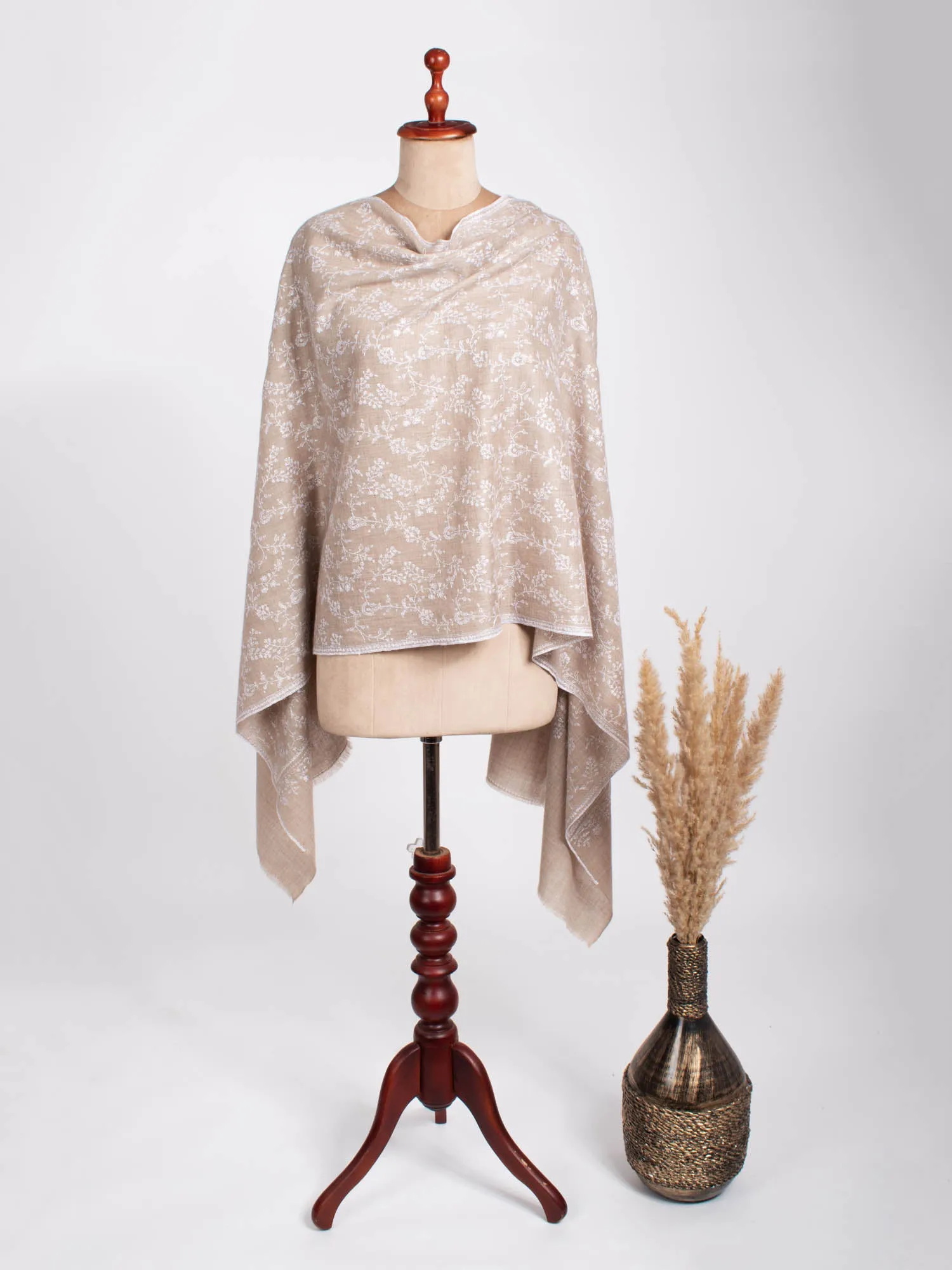 Natural Grey with White Embroidery Cashmere Stole - WORLAND