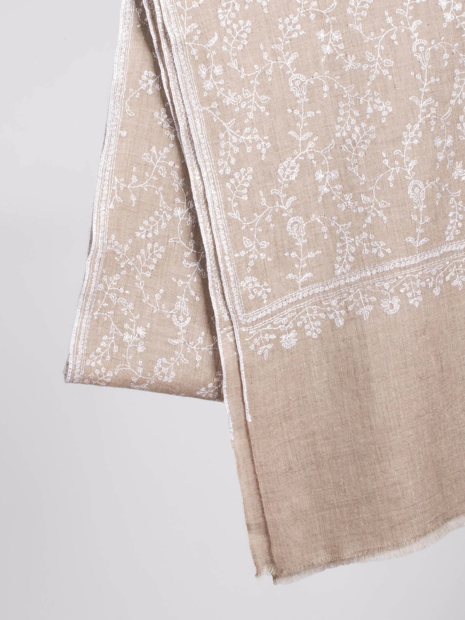 Natural Grey with White Embroidery Cashmere Stole - WORLAND