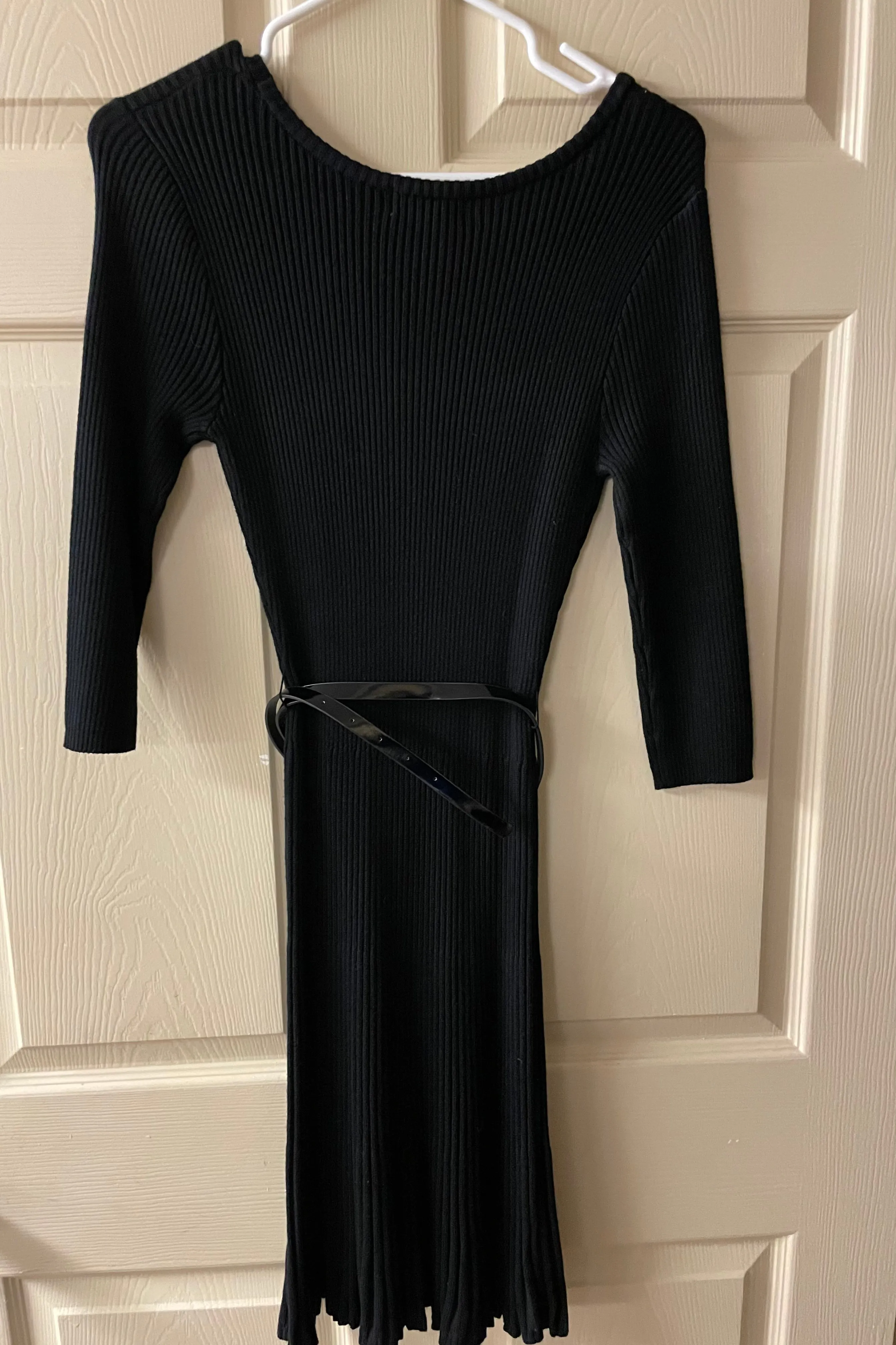 New Womens Large SAY WHAT? Black Sweater Dress Fitted Ribbed Belted Flare Skirt