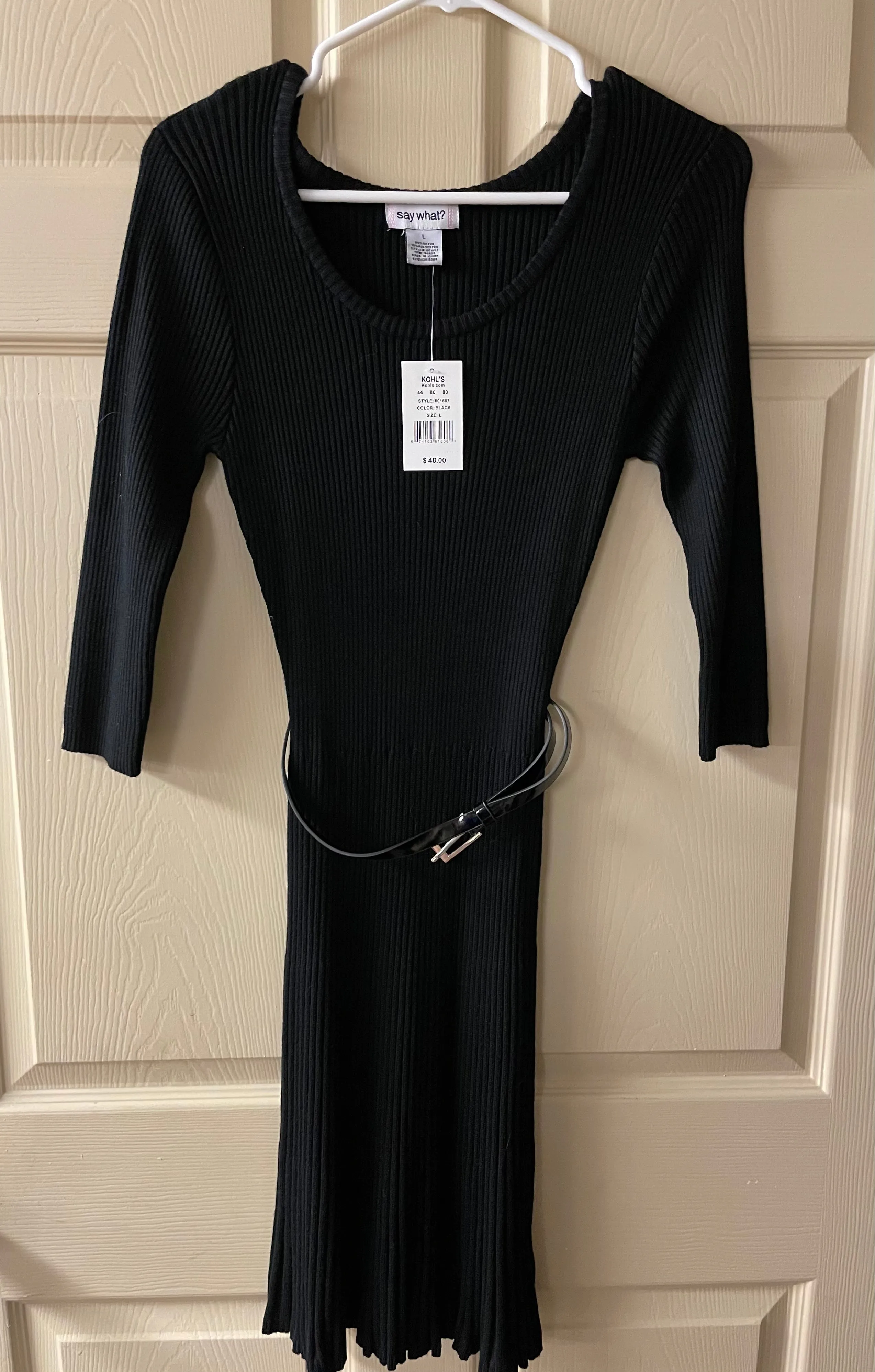 New Womens Large SAY WHAT? Black Sweater Dress Fitted Ribbed Belted Flare Skirt