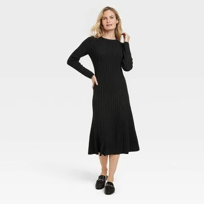 New - Women's Long Sleeve Midi Ribbed Sweater Dress - A New Day Black S