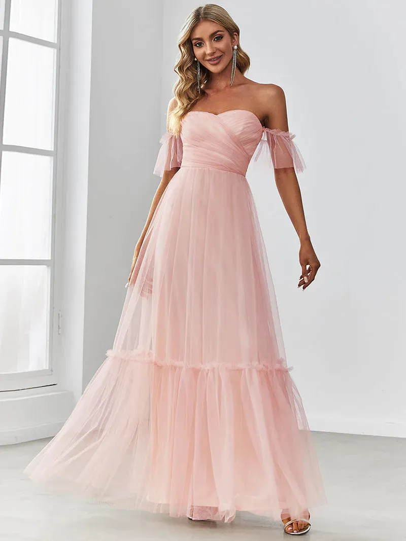 Off-Shoulder Tiered Skirt Tulle Evening Dress