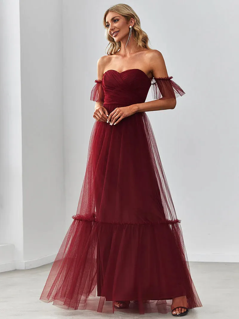 Off-Shoulder Tiered Skirt Tulle Evening Dress