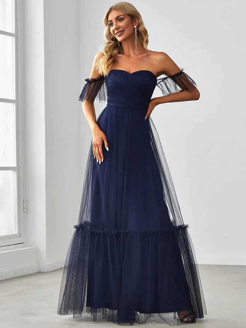 Off-Shoulder Tiered Skirt Tulle Evening Dress