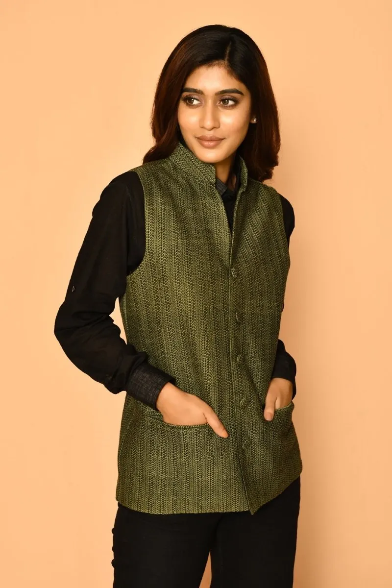 Olive Green Handloom Cotton Nehru Jacket for Women