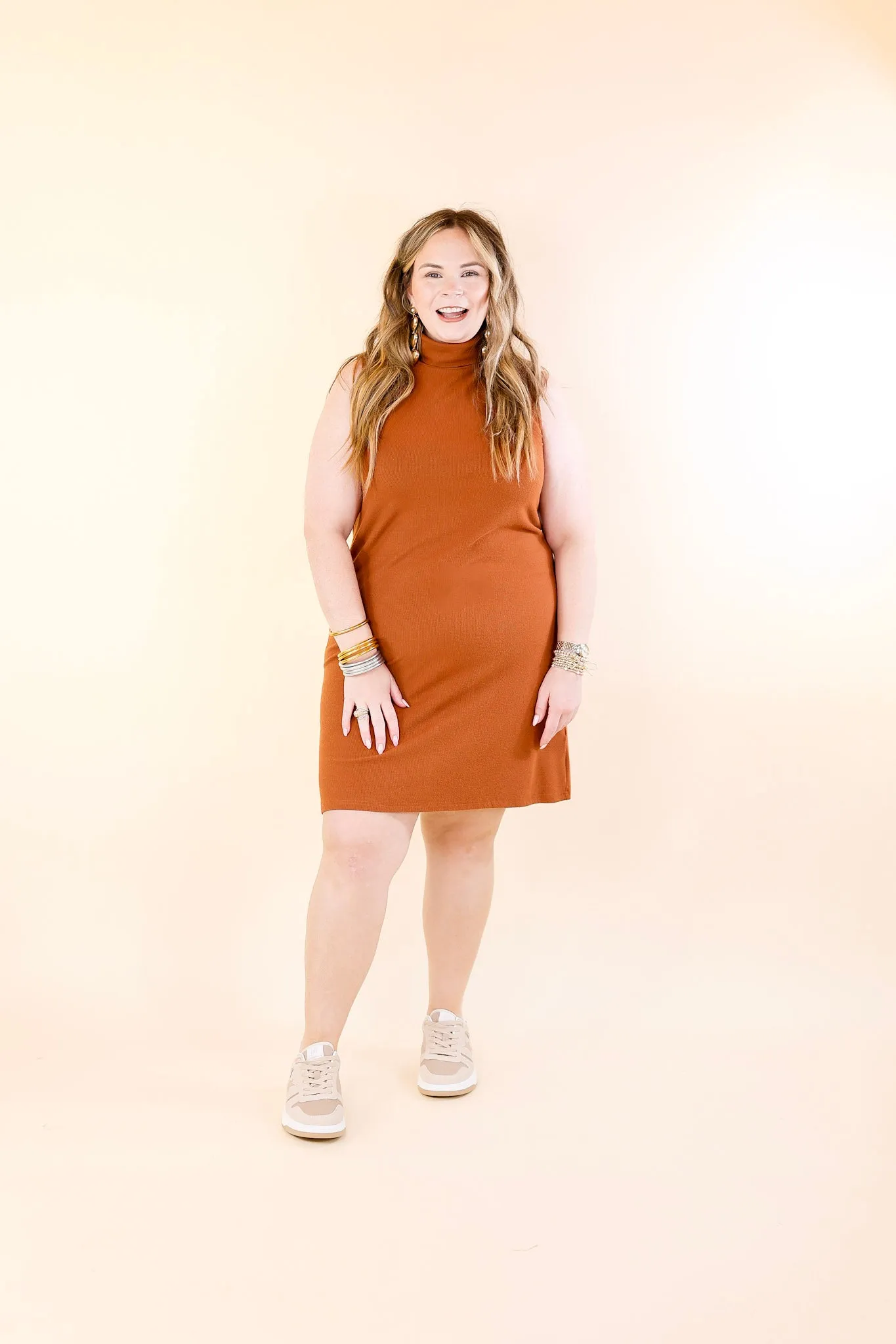 One Love Tank Sweater Dress with Turtle Neck in Rust Orange