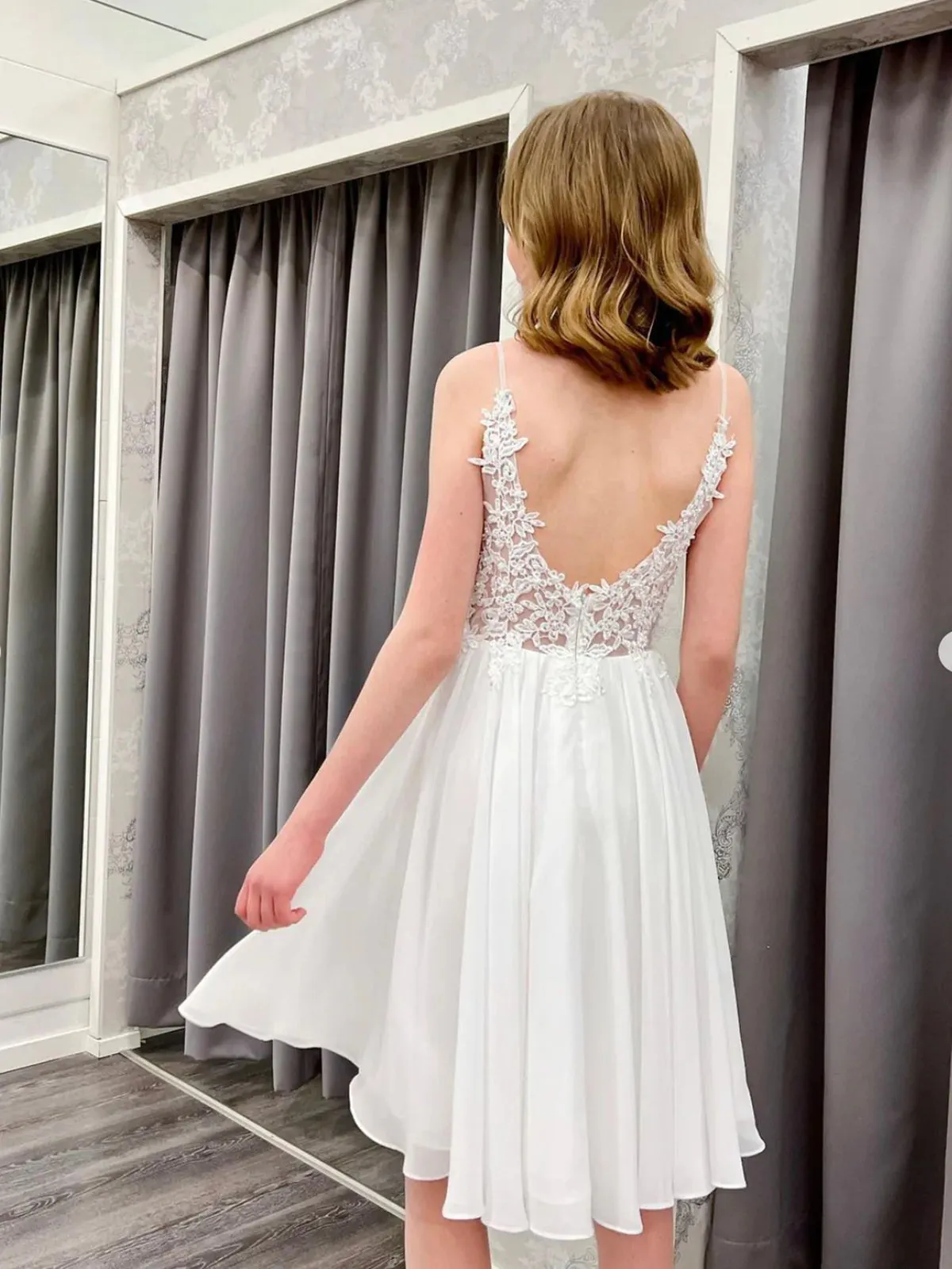 Open Back V Neck White Lace Short Prom Dresses, White Lace Homecoming Dresses, Short White Formal Graduation Evening Dresses