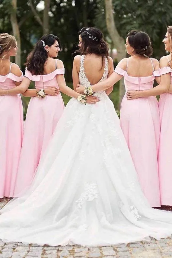 Open Shoulder Pink A-Line Long Bridesmaid Dress