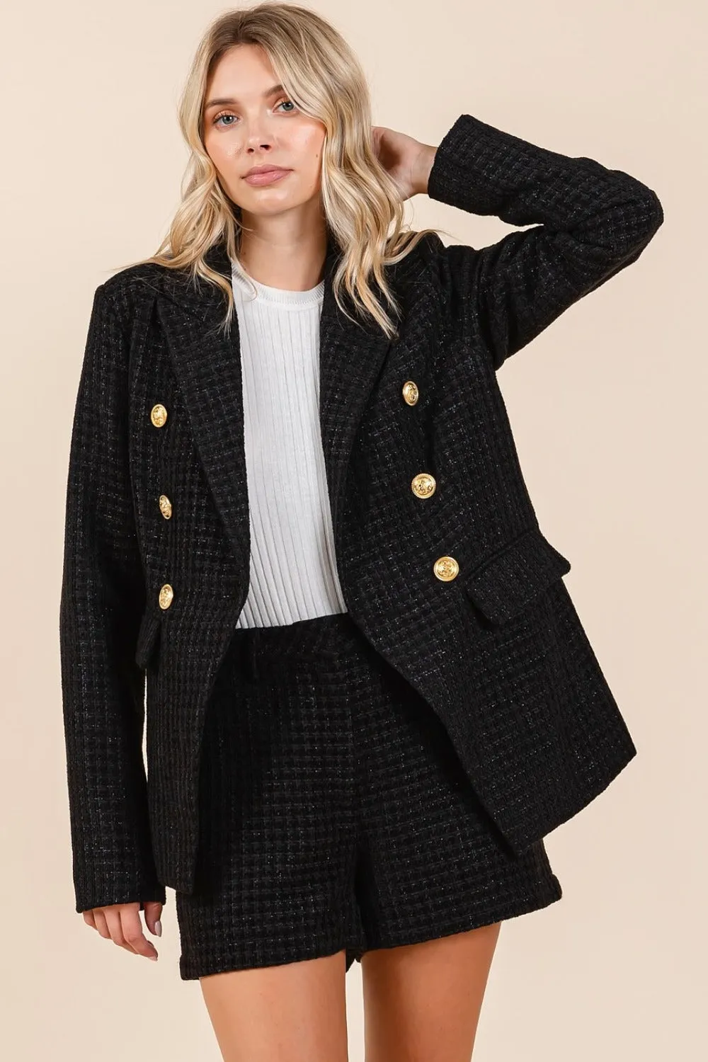 Pacey Plaid Texture Double-Breasted Long Sleeve Blazer