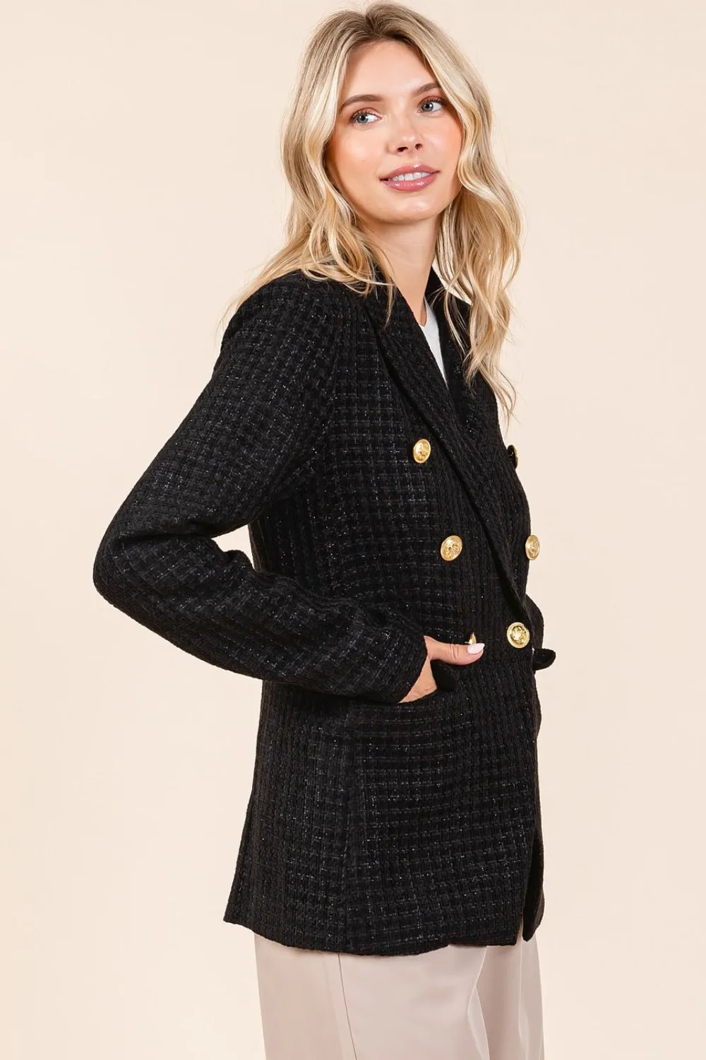 Pacey Plaid Texture Double-Breasted Long Sleeve Blazer