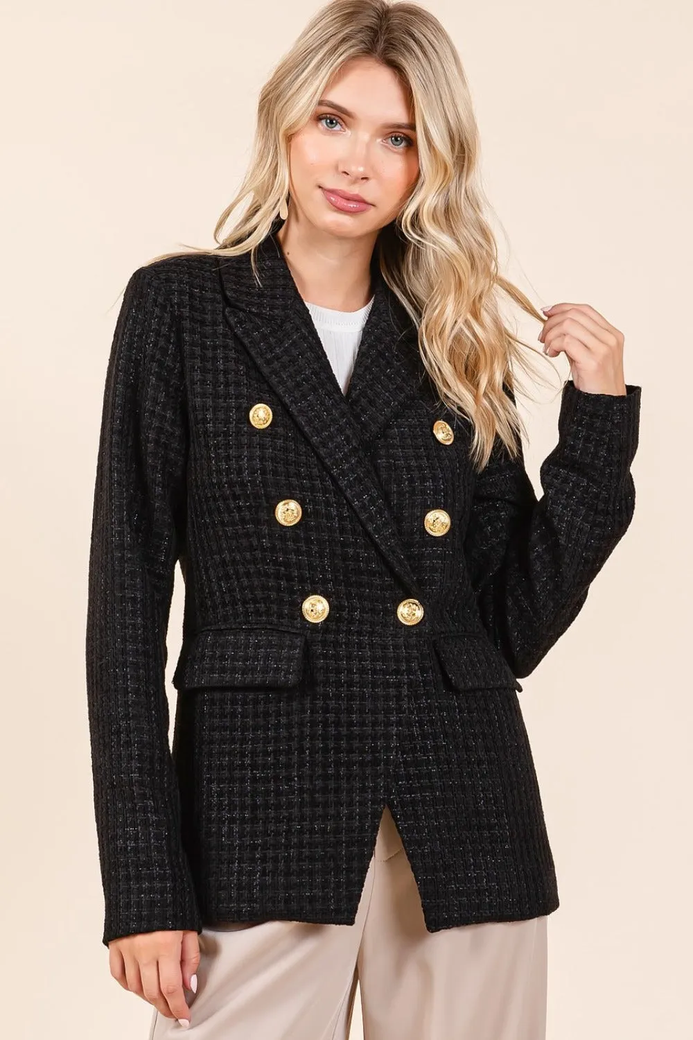 Pacey Plaid Texture Double-Breasted Long Sleeve Blazer