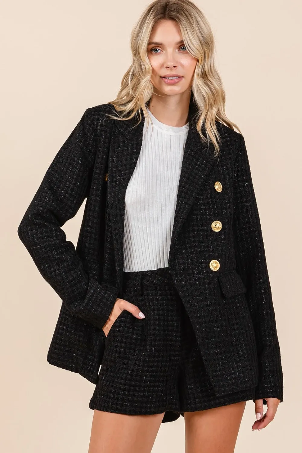 Pacey Plaid Texture Double-Breasted Long Sleeve Blazer