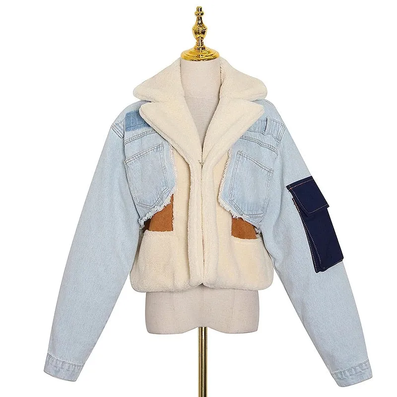 Patchowrk Lambswool Denim Jacket For Women Lapel Long Sleeve Tassel Casual Coat Female Winter Fashion