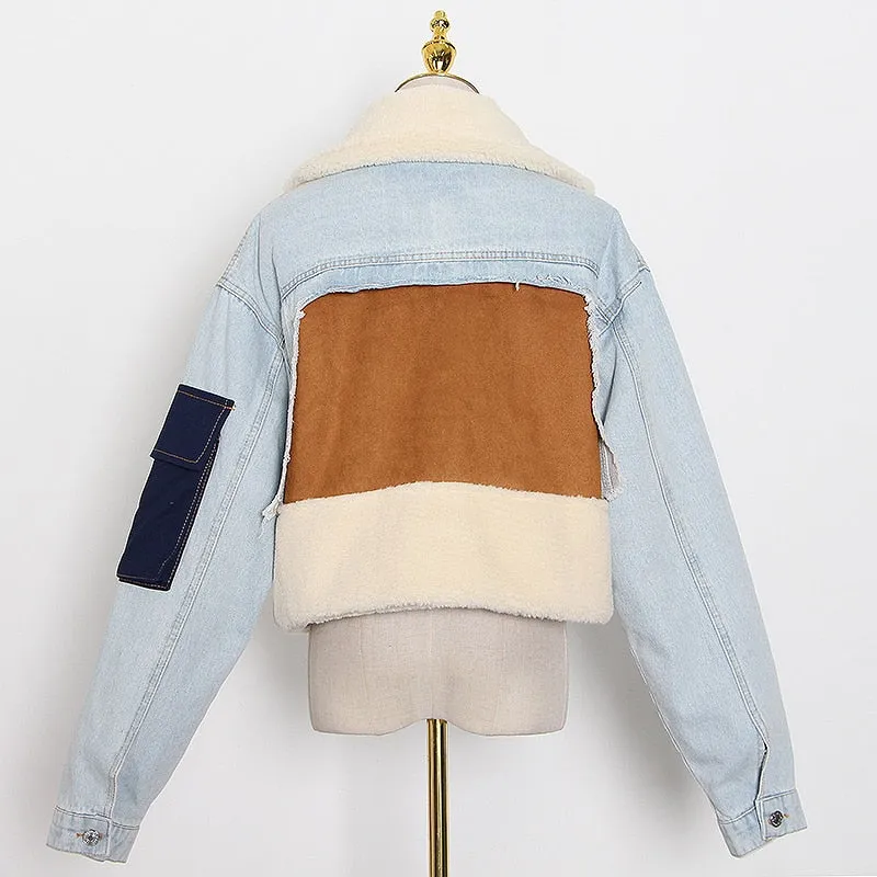 Patchowrk Lambswool Denim Jacket For Women Lapel Long Sleeve Tassel Casual Coat Female Winter Fashion