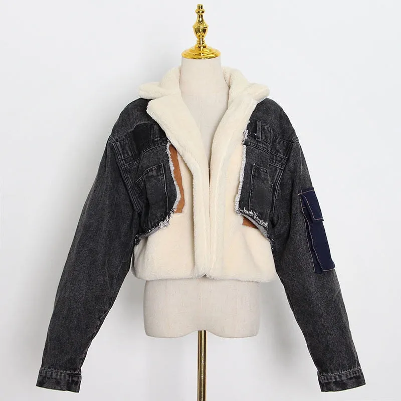 Patchowrk Lambswool Denim Jacket For Women Lapel Long Sleeve Tassel Casual Coat Female Winter Fashion