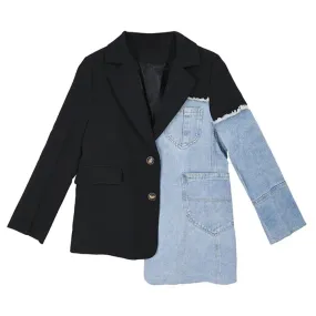 Patchwork Denim Blazers For Women Notched Collar Long Sleeve Loose Casual Spliced Button Blazer Female Fashion