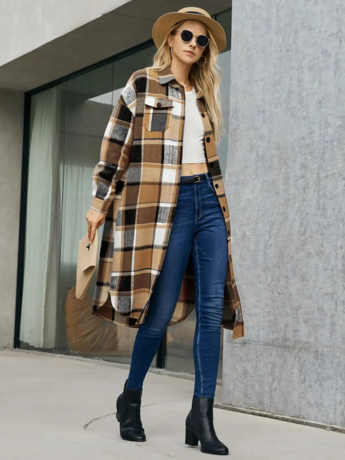 Patti Plaid Pocketed Button Up Trench Coat