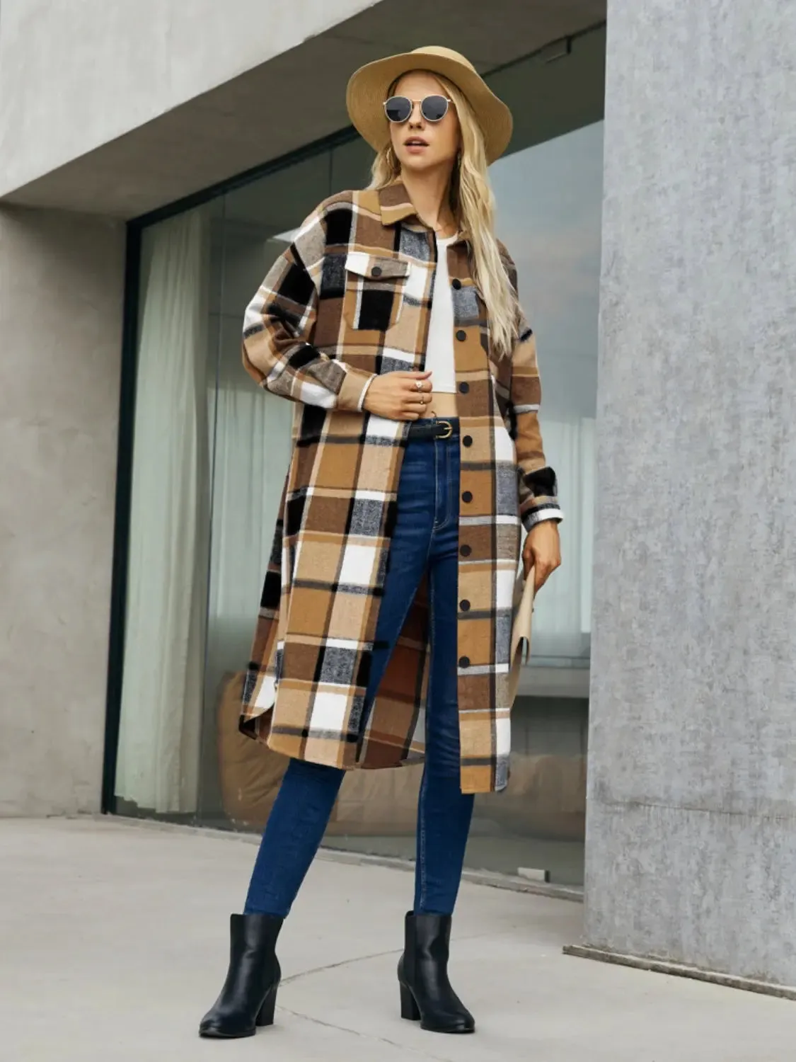 Patti Plaid Pocketed Button Up Trench Coat