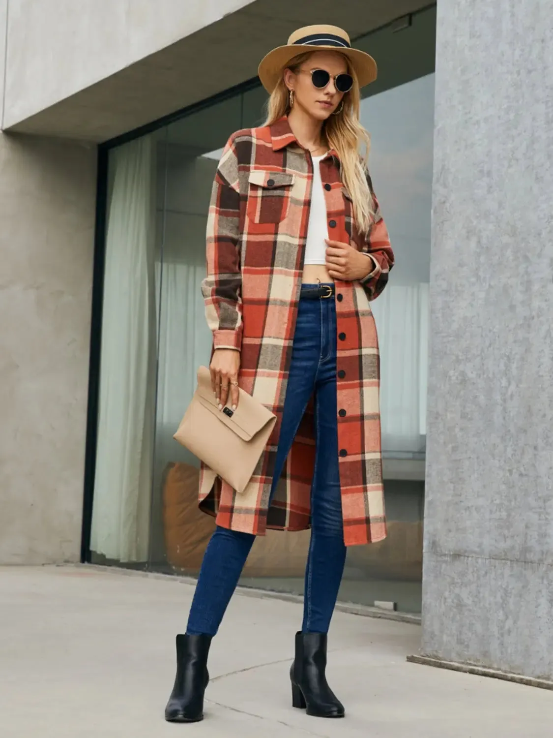 Patti Plaid Pocketed Button Up Trench Coat