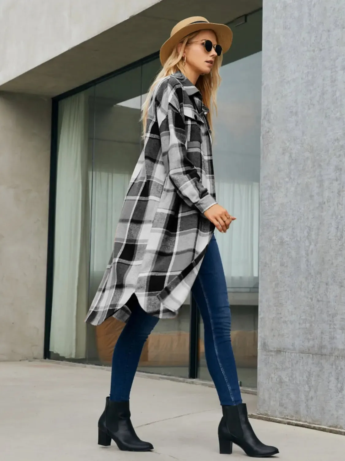 Patti Plaid Pocketed Button Up Trench Coat