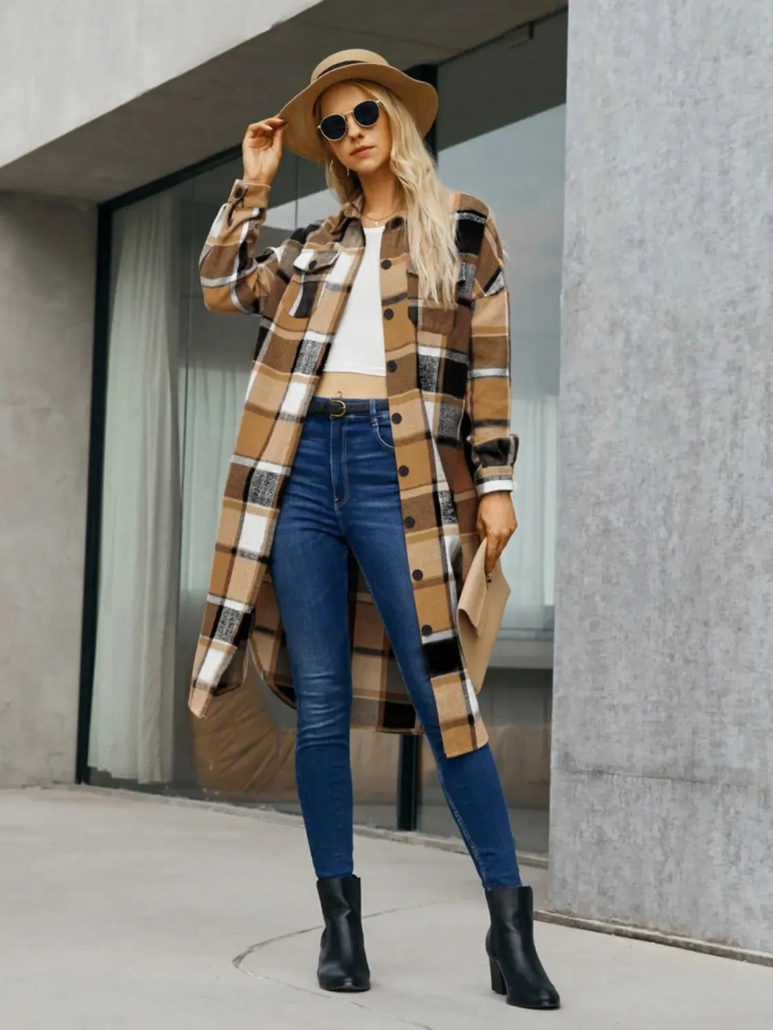 Patti Plaid Pocketed Button Up Trench Coat