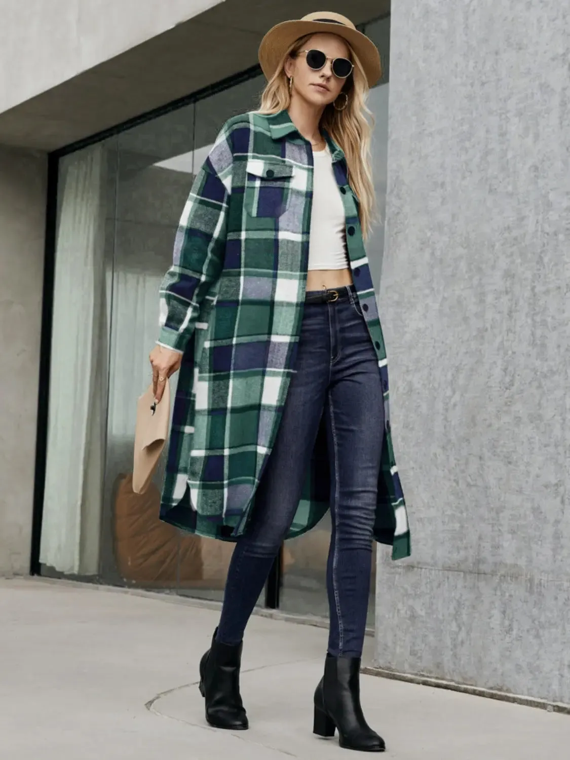 Patti Plaid Pocketed Button Up Trench Coat