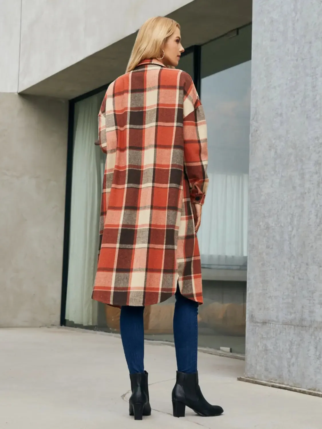 Patti Plaid Pocketed Button Up Trench Coat