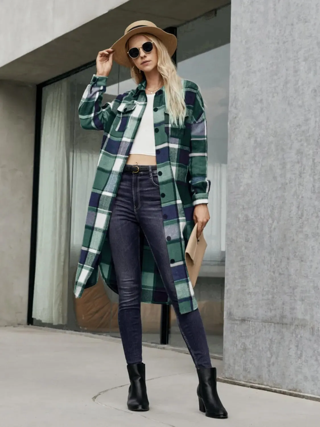 Patti Plaid Pocketed Button Up Trench Coat