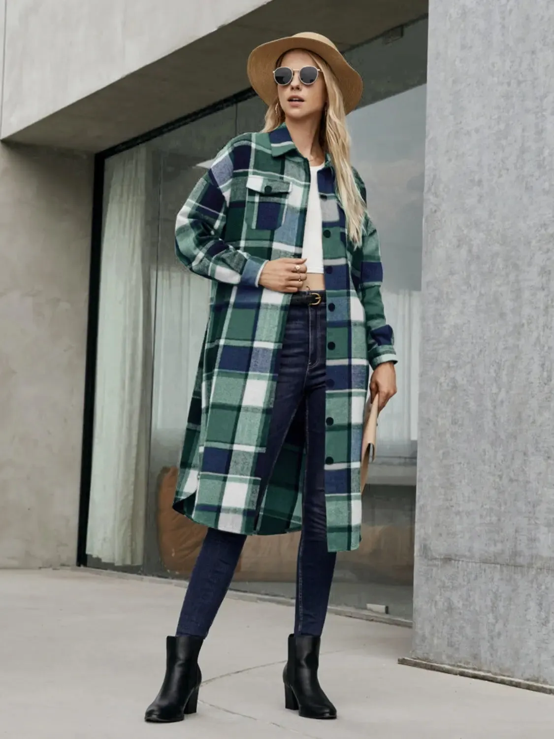 Patti Plaid Pocketed Button Up Trench Coat