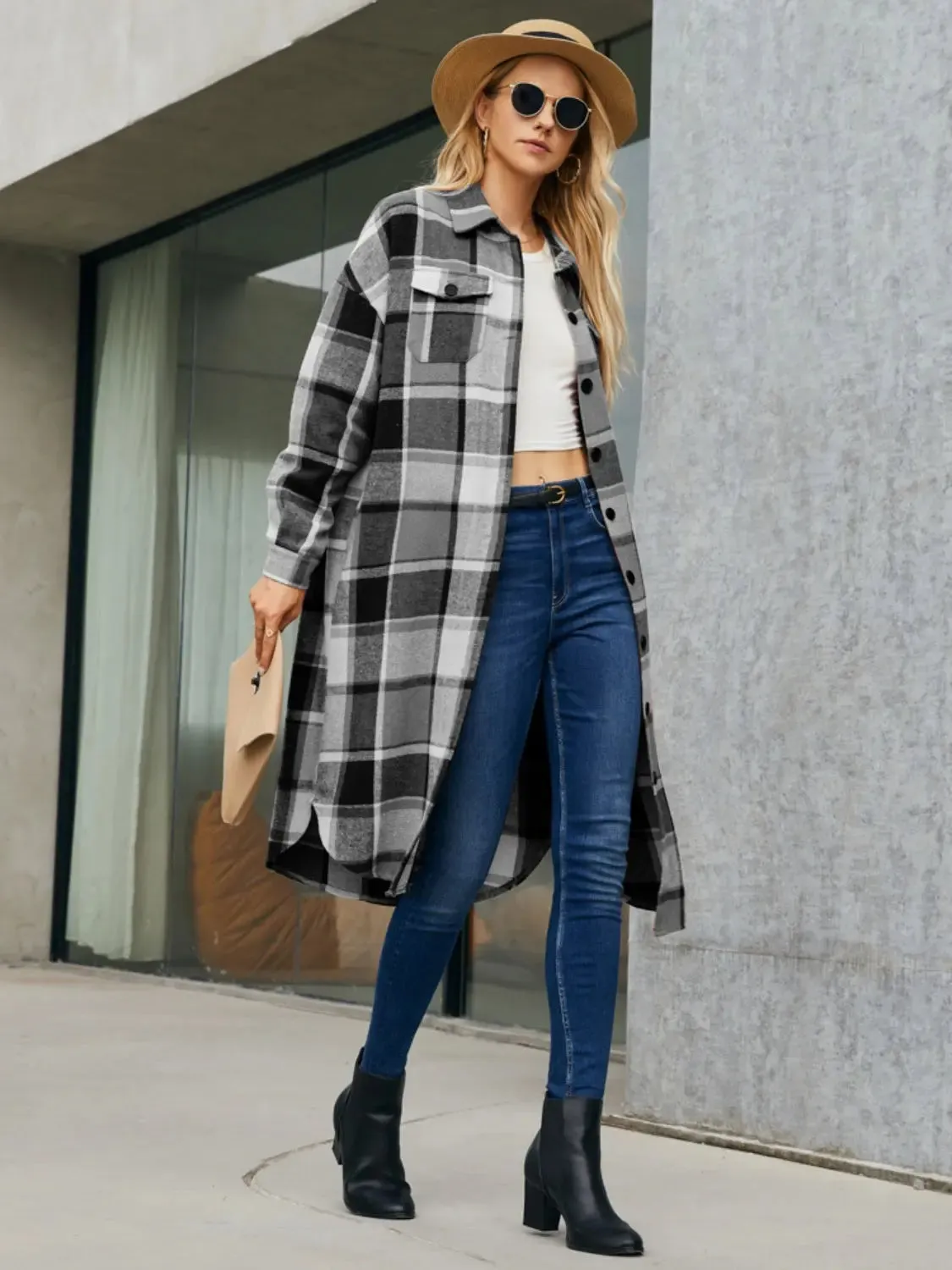 Patti Plaid Pocketed Button Up Trench Coat