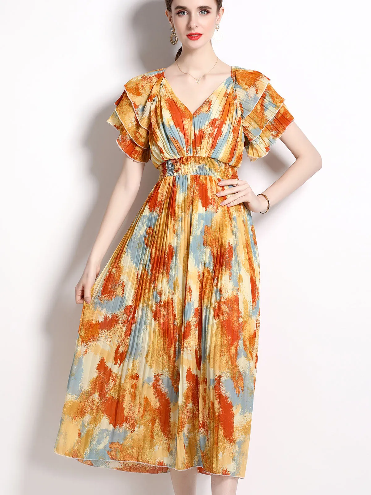 Petal Short Sleeves V Neck High Waist Skirt Beach Boho Dress