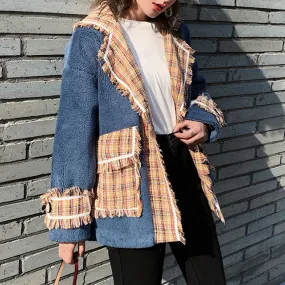 Plaid Winter Coat For Women Lapel Long Sleeve Single Breasted Patchwork LambsWool Color Block Jacket Female Clothes