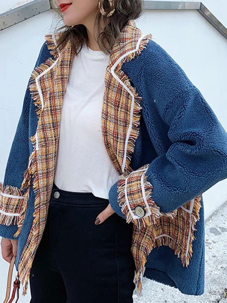 Plaid Winter Coat For Women Lapel Long Sleeve Single Breasted Patchwork LambsWool Color Block Jacket Female Clothes