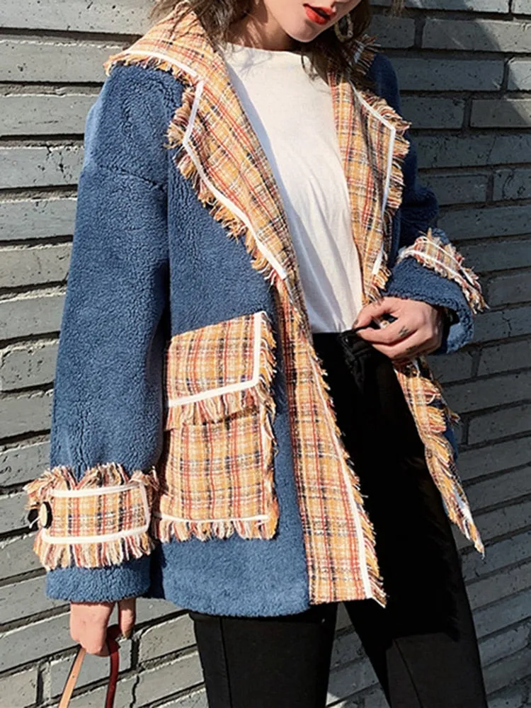 Plaid Winter Coat For Women Lapel Long Sleeve Single Breasted Patchwork LambsWool Color Block Jacket Female Clothes