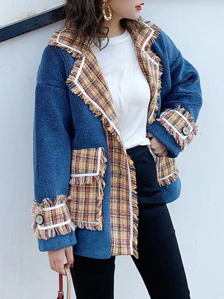 Plaid Winter Coat For Women Lapel Long Sleeve Single Breasted Patchwork LambsWool Color Block Jacket Female Clothes