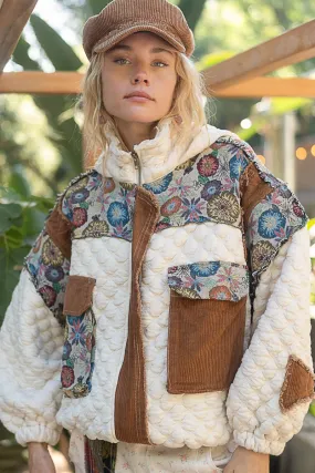 POL Quilted Jacket with Floral Print and Corduroy Details in Ivory Multi