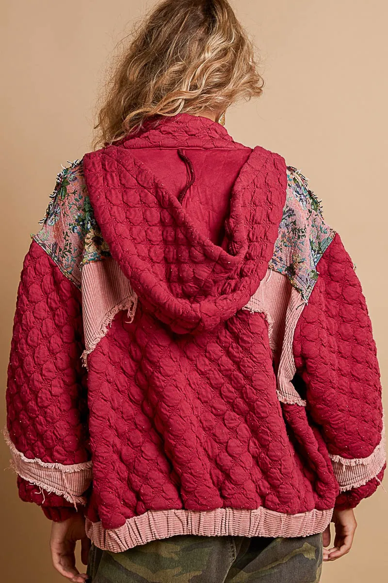 POL Quilted Jacket with Floral Print and Corduroy Details in Magenta Multi ON ORDER