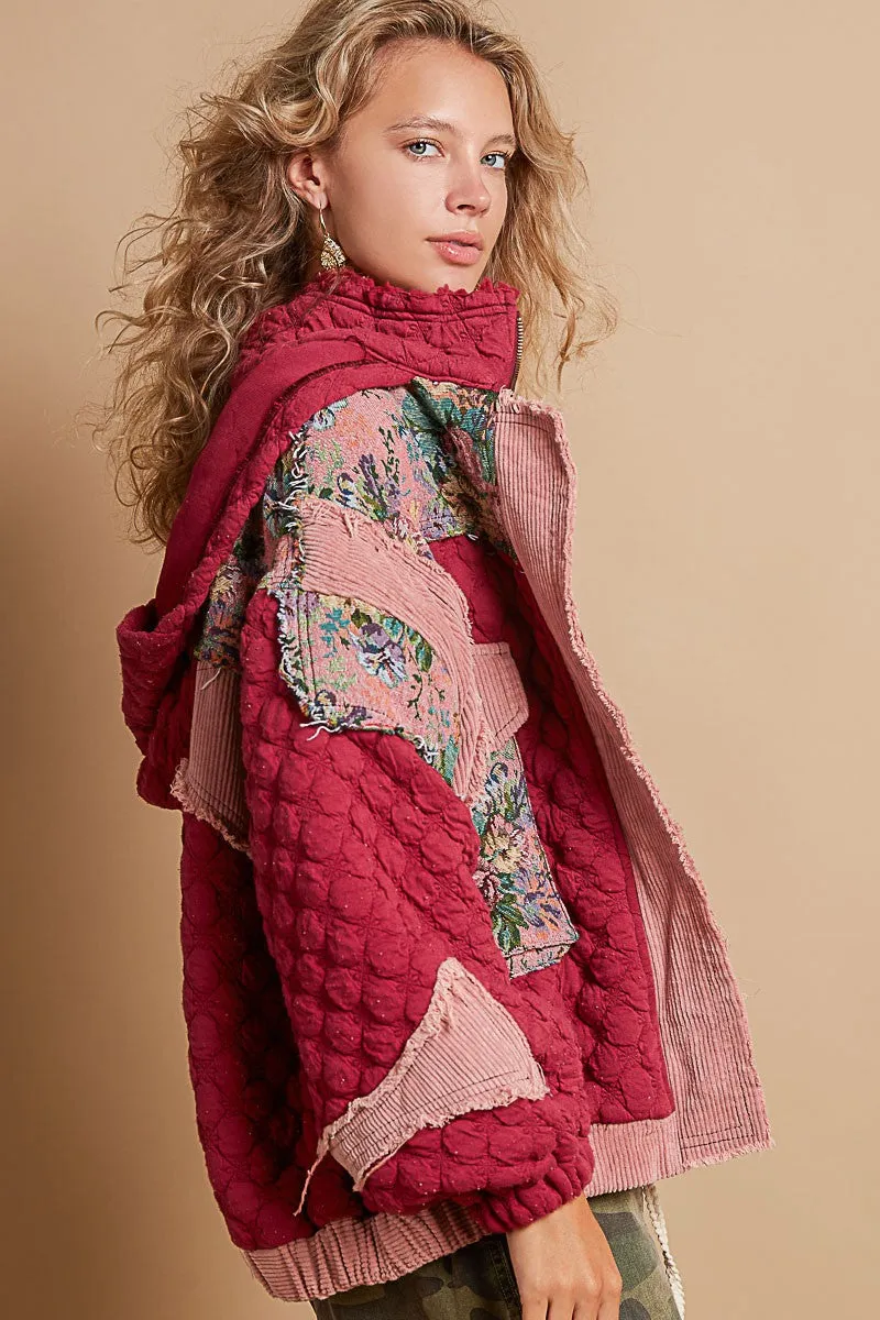 POL Quilted Jacket with Floral Print and Corduroy Details in Magenta Multi ON ORDER